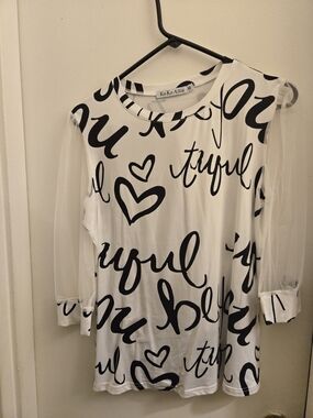 White Script Print Blouse with Sheer Sleeves